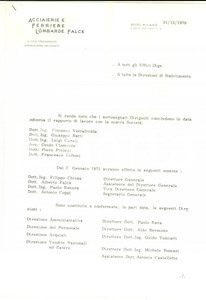 Documento originale, autentico 1970 MILANO Acciaierie e Ferriere FALCK  Lettera nomine nuovi dirigenti 1