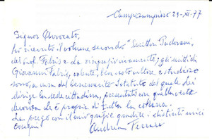 Autografo originale 1977 CAMPOSAMPIERO Biglietto Andrea FERRARI per ringraziamento  Autografo 1