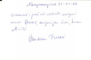 Autografo originale 1976 CAMPOSAMPIERO Andrea FERRARI Biglietto da visita con messaggio autografo 1
