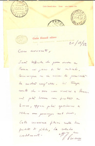 Autografo originale 1952 TORINO Lettera Giulio EINAUDI per un appuntamento  Autografo 1