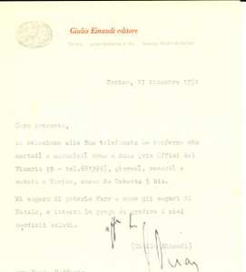 Autografo originale 1951 TORINO Lettera Giulio EINAUDI a un avvocato per appuntamento  Autografo 1