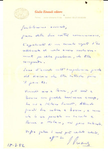 Autografo originale 1952 TORINO Lettera Giulio EINAUDI per incontro con avvocato  Autografo 1