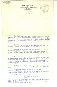 Autografo originale 1953 ROMA BANCA ROMANA Lettera Arturo OSIO a un amico  Autografo 1