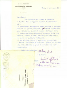 Autografo originale 1952 ROMA BANCA ROMANA Lettera Arturo OSIO a un amico  Autografo 1
