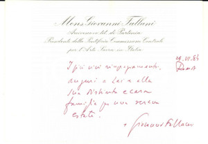 Autografo originale 1984 ROMA Biglietto mons. Giovanni FALLANI per ringraziamento  Autografo 1