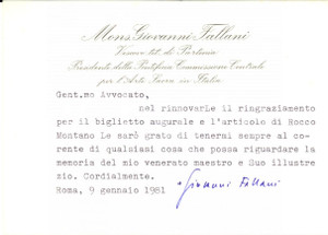 Autografo originale 1981 ROMA Biglietto don Giovanni FALLANI per ringraziamento  Autografo 1