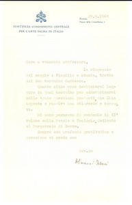 Autografo originale 1961 ROMA Mons. Giovanni FALLANI ringrazia per un saggio  Autografo 1
