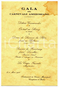 Oggetto da collezione cartaceo 1954 CAMPIONE D ITALIA Gala del Carnevale Ambrosiano al Casinò Municipale Menù 1