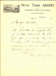 Documento originale, autentico 1925 ABANO Hotel TERME  Stabilimento fanghi  Lettera su carta intestata 1