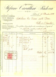 Documento originale, autentico 1922 PADOVA Ditta Stefano CAVALLINI  Cementi  Fattura intestata con bollo 1