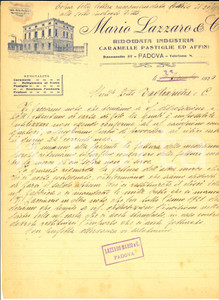 Documento originale, autentico 1920 PADOVA Mario LAZZARO  Caramelle e pastiglie  Lettera su carta intestata 1