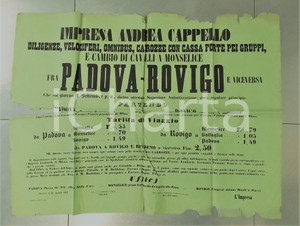 Documento originale, autentico 1861 PADOVA Diligenze Andrea CAPPELLO  Tariffe viaggi  Manifesto DA RESTAURARE 1