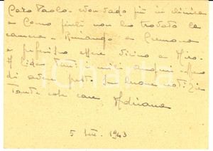 Autografo originale 1943 CREMONA Adriana MOLA FARINACCI  Cartolina postale a un amico  Autografo 1