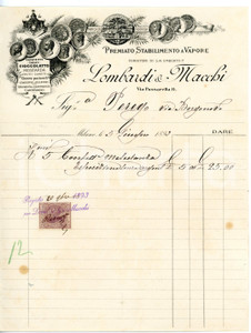 Documento originale, autentico 1893 MILANO Via Passarella 14  Cioccolato LOMBARDI & MACCHI  Fattura intestata 1