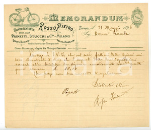 Documento originale, autentico 1896 TORINO Velocipedi PRINETTI & STUCCHI  Agente Pietro ROSSO Memorandum 1