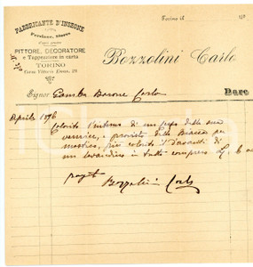 Documento originale, autentico 1895 ca TORINO Corso Vittorio Emanuele  Carlo BOZZOLINI Pittore Fattura 1