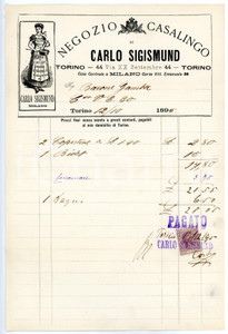Documento originale, autentico 1895 TORINO Via XX Settembre  Carlo SIGISMUND Negozio casalingo Fattura 1