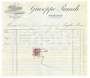 Documento originale, autentico 1896 TORINO Via San Massimo  Calzoleria Giuseppe PRANDI Fattura intestata 1