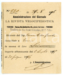 Documento originale, autentico 1896 TORINO La Rivista Velocipedistica  Carlo BARONE  Ricevuta per abbonamento 1