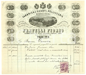 Documento originale, autentico 1896 TORINO Via Garibaldi  F.lli FIORIO Fabbrica di guanti Fattura intestata 1