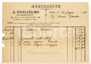 Documento originale, autentico 1896 TORINO Via Lagrange  A. GUGLIELMO Memorandum su carta intestata 1