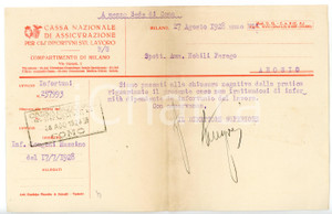 Documento originale, autentico 1928 MILANO Cassa infortuni sul lavoro  Chiusura pratica infortunio Lettera 1