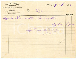 Documento originale, autentico 1893 MILANO Corso San Celso  Giovanni CORDANI Fabbricatore di scatole Fattura 1