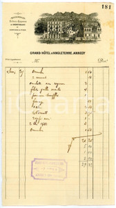 Documento originale, autentico 1896 ANNECY F Grand Hotel d Angleterre Fattura su carta intestata 1