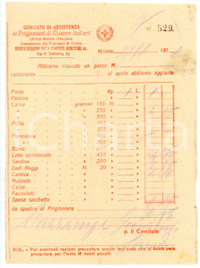 Documento originale, autentico 1918 MILANO  CRI Comitato Prigionieri di Guerra Fattura pacco alimentare 1