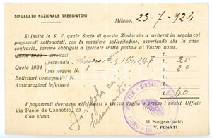 Documento originale, autentico 1924 MILANO Sindacato Nazionale Trebbiatori  Ricevuta per quota di socio 1