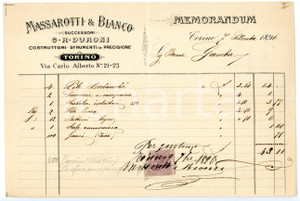 Documento originale, autentico 1896 TORINO  MASSAROTTI & BIANCO Strumenti di precisione Memorandum 1