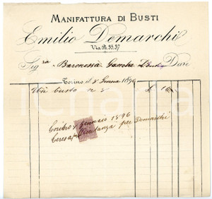 Documento originale, autentico 1896 TORINO Via Po  Emilio DEMARCHI Manifattura di busti Fattura intestata 1