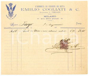 Documento originale, autentico 1893 MILANO Corso Vittorio Emanuele  Emilio COGLIATI Fabbrica di stoffe FATTURA 1