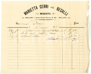 Documento originale, autentico 1893 MILANO Corso Porta Nuova  Marietta CERRI Modista Fattura intestata 1
