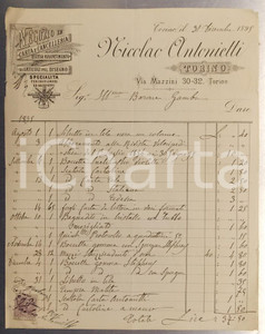 Documento originale, autentico 1896 TORINO Via Mazzini  Nicolao ANTONIETTI Carta e cancelleria Fattura 1