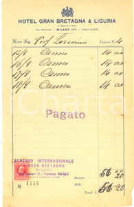 Documento originale, autentico 1930 ca MILANO via SPADARI Hotel GRAN BRETAGNA & LIGURIA  Ricevuta con bollo 1