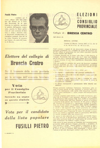 Materiale pubblicitario d’epoca 1951 BRESCIA ELEZIONI AMMINISTRATIVE  Propaganda PCI  Vota Pietro FUSILLI 1