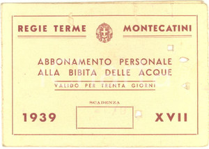 Oggetto da collezione cartaceo 1939 REGIE TERME MONTECATINI  Abbonamento personale alla bibita delle acque 1