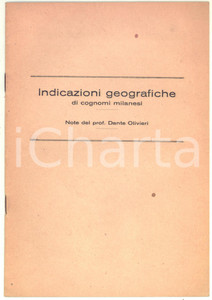 Libro, pubblicazione d epoca 1927 Dante OLIVIERI Indicazioni geografiche di cognomi milanesi  10 pp. 1
