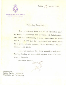 Autografo originale 1907 ROMA Lettera sottosegretario Luigi DARI per sussidio  Autografo 1