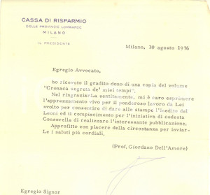 Autografo originale 1976 MILANO Lettera Giordano DELL AMORE per ringraziamenti  Autografo 1