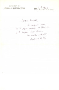 Autografo originale 1978 ROMA Lettera Gabriele DE ROSA  Edizioni Storia e Letteratura  Autografo 1