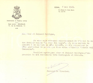 Autografo originale 1948 ROMA Academia Belgica  Fernand DE VISSCHER ringrazia per libro  AUTOGRAFO 1