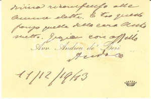 Autografo originale 1943 PADOVA Avvocato Andrea DE BESI  Biglietto da visita  Autografo 1