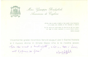 Autografo originale 1980 ca CAGLIARI Mons. Giuseppe BONFIGLIOLI  Biglietto auguri AUTOGRAFO 1