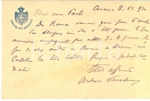 Autografo originale 1920 ANCONA On. Arturo VECCHINI impegnato in cause  Cartolina autografa 1