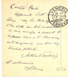 Autografo originale 1926 VENEZIA Cartolina on. Arturo VECCHINI per auguri  Autografo FP VG 1