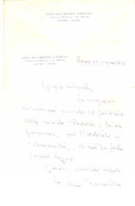 Autografo originale 1975 ROMA Lettera Bruno VISENTINI per articolo ricevuto  Autografo 1