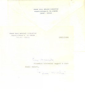 Autografo originale 1986 ROMA Lettera Bruno VISENTINI per auguri  Autografo 1