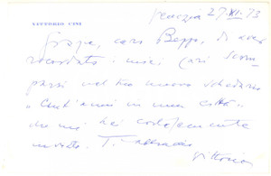 Autografo originale 1973 VENEZIA Vittorio CINI ringrazia per una citazione  Biglietto autografo 1